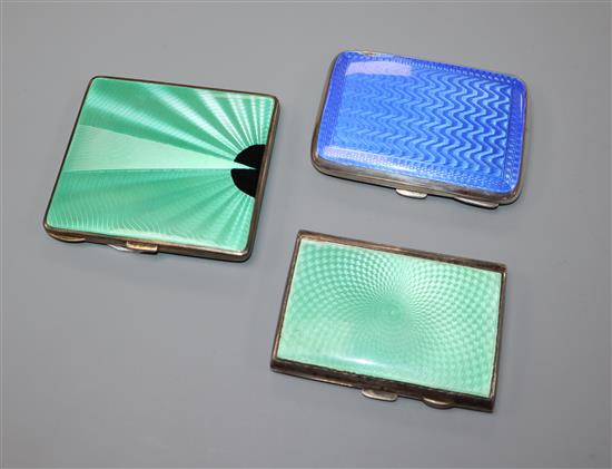 Three assorted silver and enamel cigarette cases including Art Deco by Adie Bros, Birmingham, 1931, 84mm.